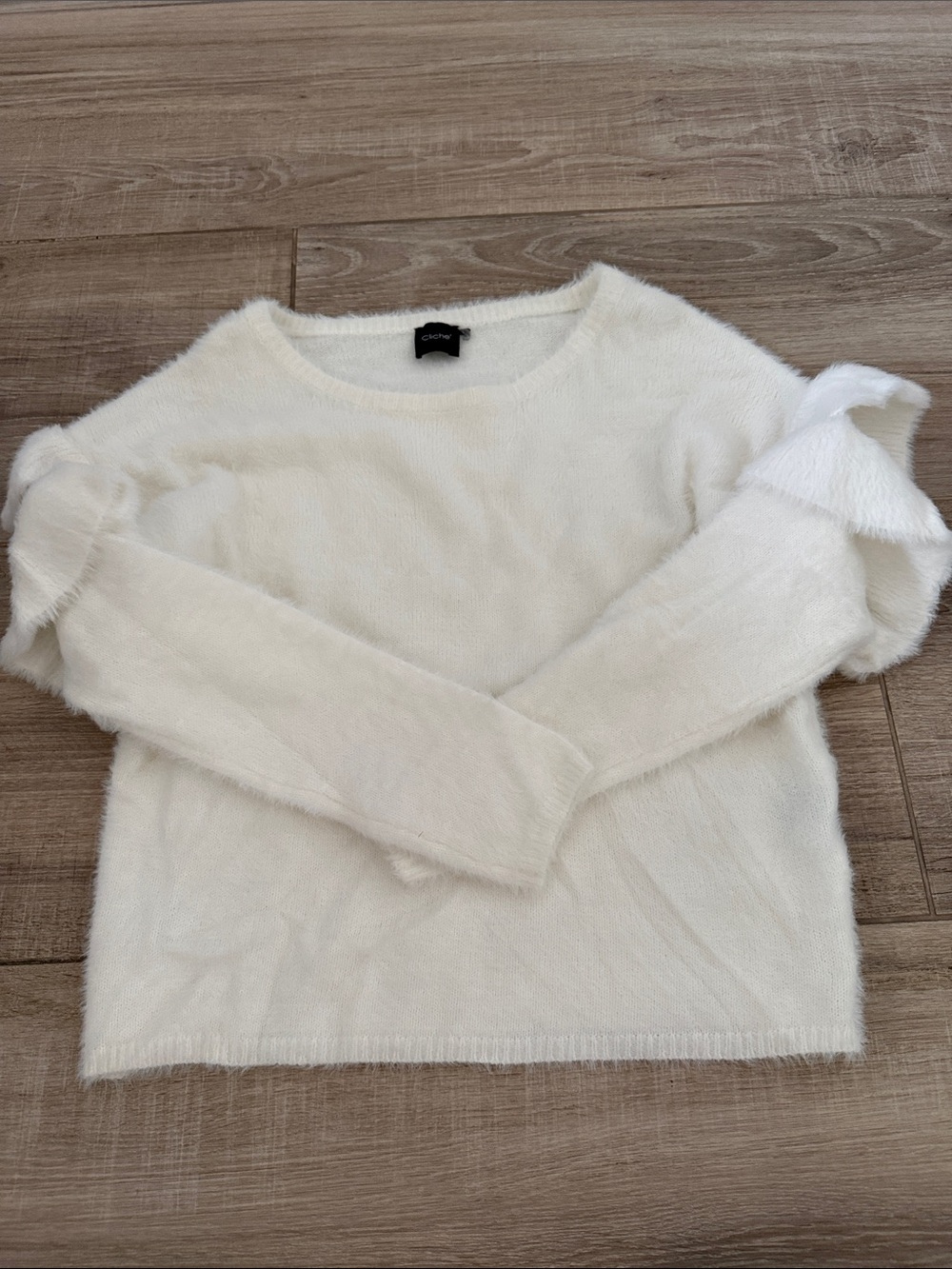 White Fuzzy Long-Sleeve Sweater with Ruffle Detail